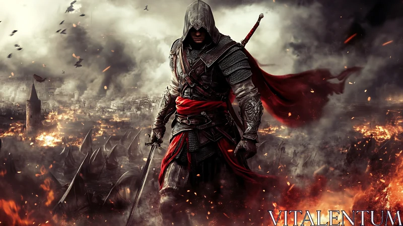 Hooded warrior strides through burning medieval siege landscape.