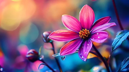 Vibrant Pink Cosmos Flower With Dewdrops in Golden Sunset Light