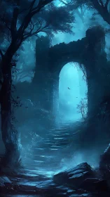 Moonlit ruined archway crowns misted forest stairway.