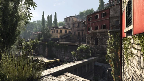 Sunlit Italian canal street with weathered stone facades.