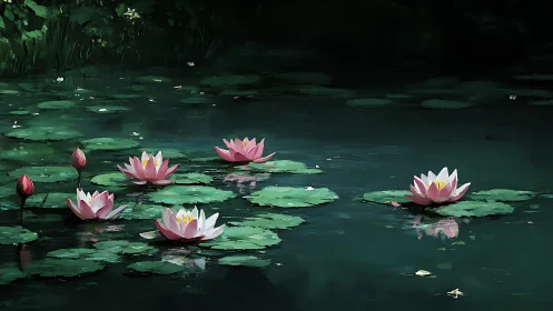 Lilies drift like quiet lanterns across a forest pond