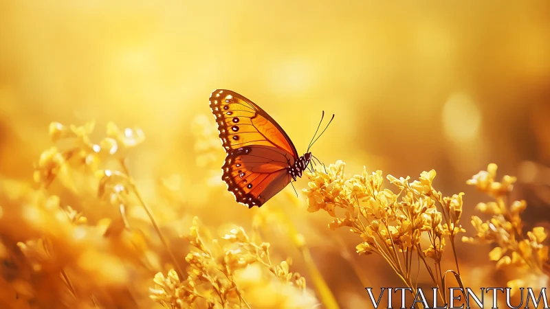 Orange butterfly on golden wildflowers in soft sunset glow.
