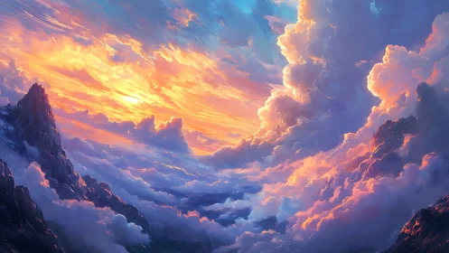 Radiant fantasy sunrise ignites clouds above jagged peaks