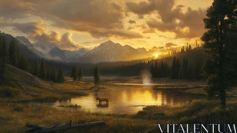 Golden mountain lake sunset with solitary grazing horse.