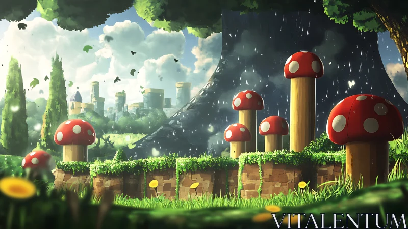 Giant red mushrooms rise in a rainlit fantasy garden world
