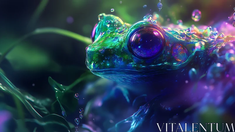 Dreamy rainbow frog with luminous eyes in gentle rain.