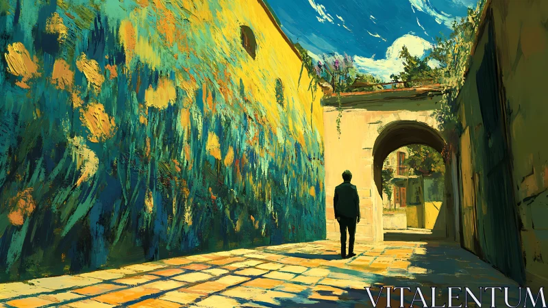 Solitary figure stands in sunlit alley beside mural wall