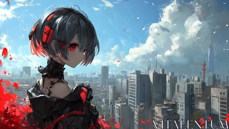 Quiet cyber girl watching a bright city skyline below.