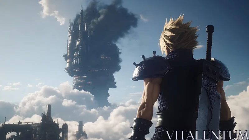 Armored figure observes industrial tower above dense clouds