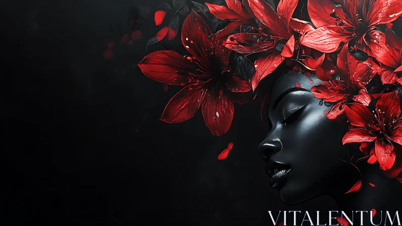 Dark portrait of woman with vivid red floral headdress.