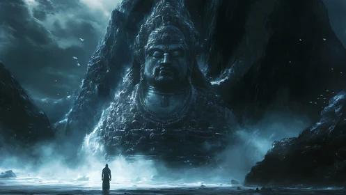 Lone figure confronts colossal stone deity in misty ravine