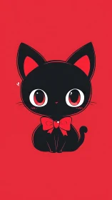 Cute black cat illustration sits centered on bold red