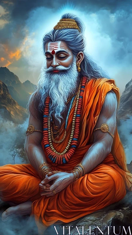 Digital painting of serene sage in luminous mountain atmosphere.