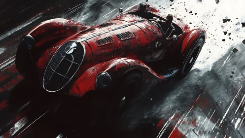 Crimson vintage race car storms fractured wet asphalt.