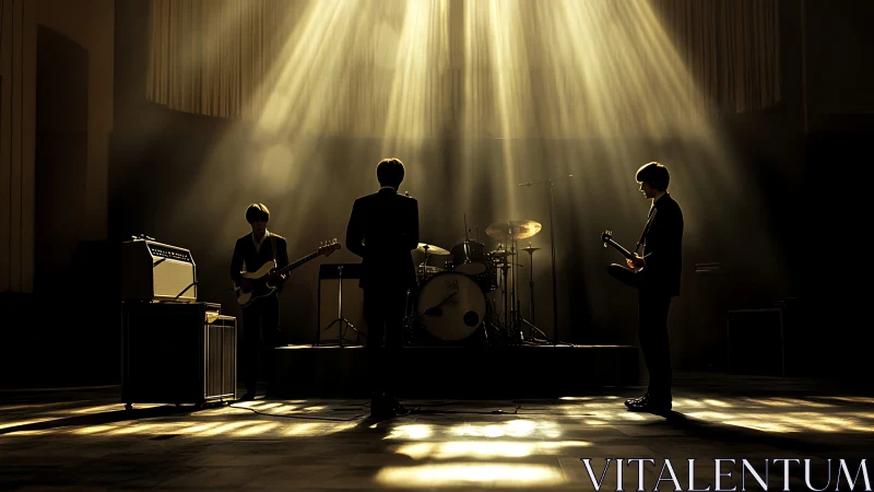 Backlit band in golden rehearsal hall, shadows tuning silence.