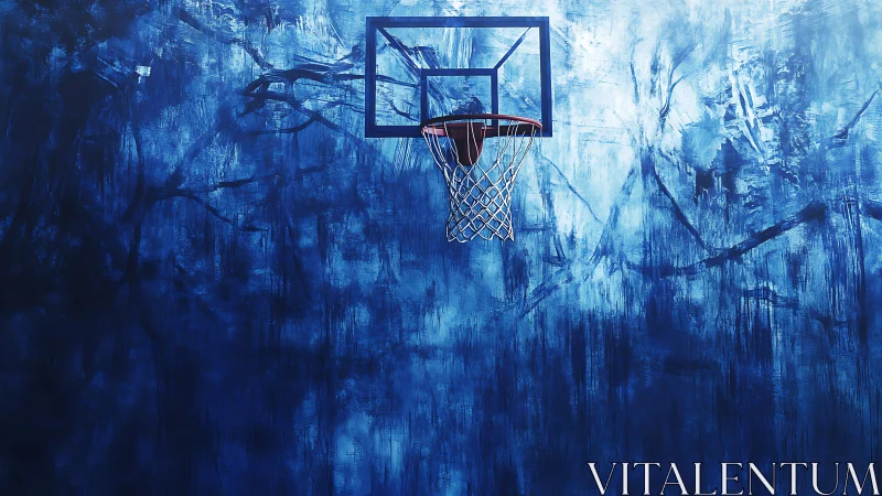 Midnight court dreamscape with a lone, waiting basketball hoop.