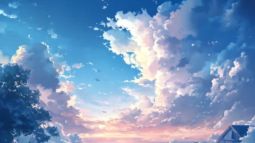 High-altitude cumuliform sunset sky over rural eaves, anime