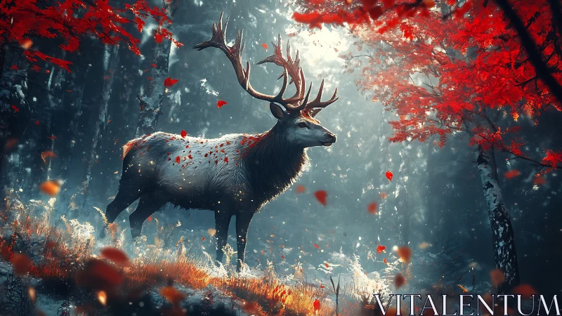 Majestic stag pauses in a glowing, crimson autumn forest