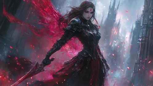 Dark sorceress warrior amid crimson chaos in gothic citadel.