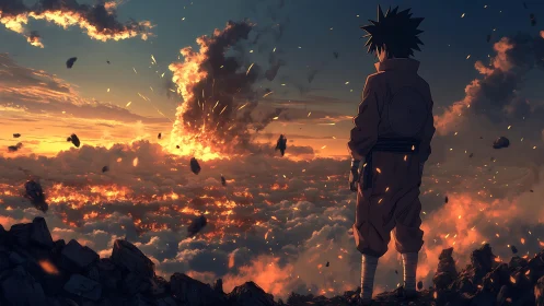 Solitary anime figure over burning clouds at sunset sky.