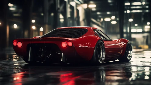 Crimson street rocket hums softly beneath the rainy neon