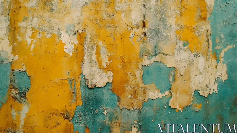 Weathered Wall Texture with Peeling Yellow and Blue Paint, Abstract Style.