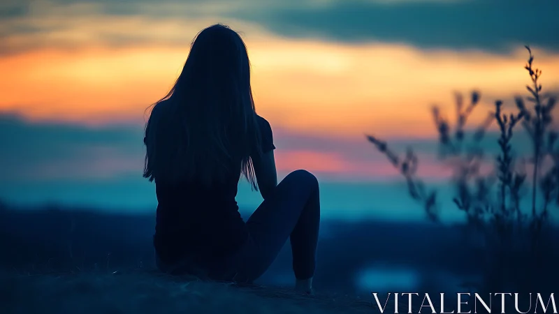 Silhouetted woman sits alone watching vivid sunset horizon