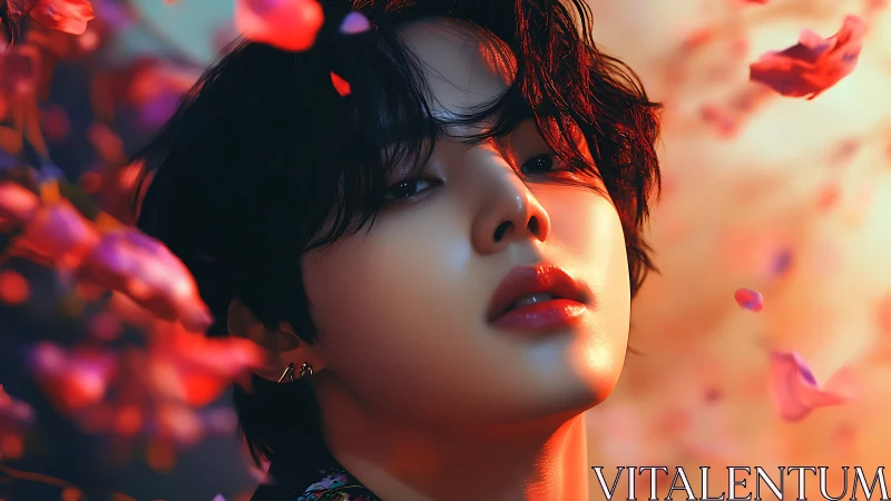 Velvet petals orbit a luminous, soft-lit digital muse