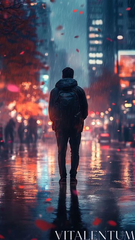 Lone figure walks through rainy neon city street at night.