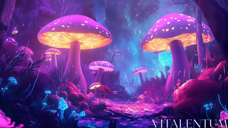 Glowing forest mushrooms light a dreamy neon night path.