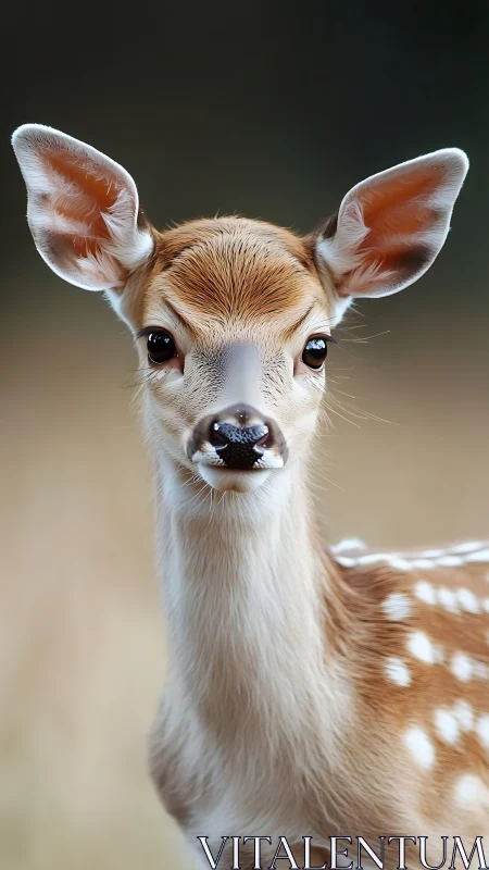 Photorealistic portrait of a young fawn in soft bokeh field.