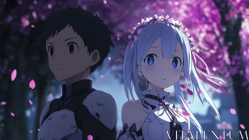 Anime duo under sakura canopy in soft rim-lit focus period.