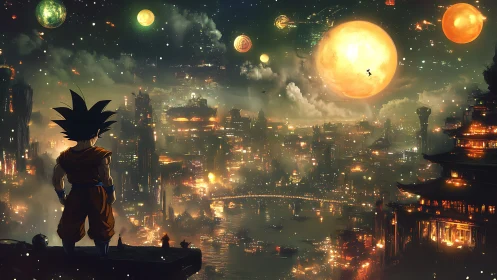 Saiyan sentinel watching dragon orbs crown a neon empire.