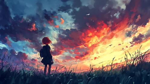 Lone schoolgirl greeting a wildfire sunset sky of dreams.