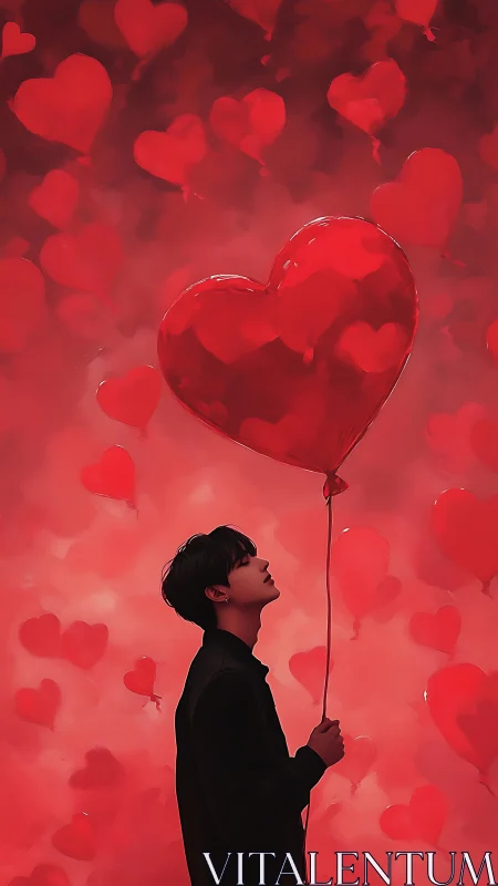 Silhouetted figure clutching translucent heart-shaped balloon in crimson bokeh environment.