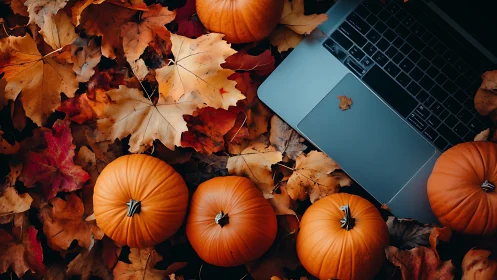 Laptop and small pumpkins on dry autumn leaves outdoors.