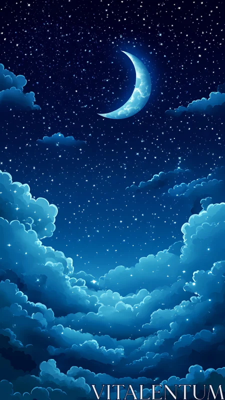 Moonlit crescent floats above dreamy layered night clouds