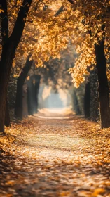 Golden autumn lane under a glowing woodland canopy.