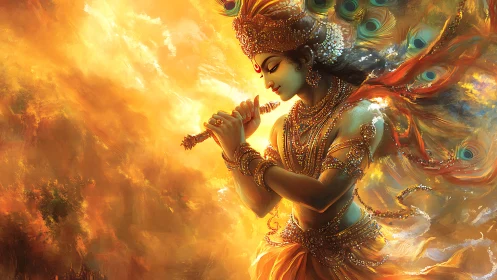 Divine flute player in luminous golden celestial vortex