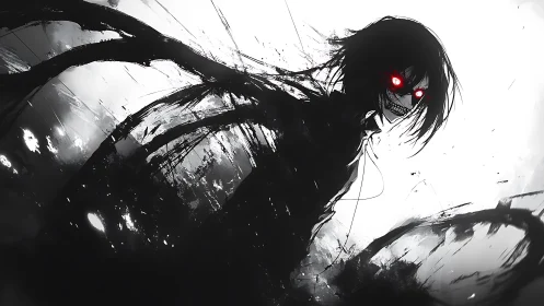 High contrast demon portrait with red emissive eyes and ink splatter