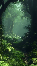 Misty Forest Cave with Lush Vegetation.