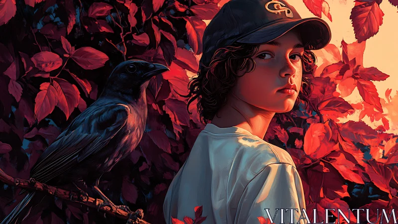 Digital painting portrait with crow amid crimson foliage.