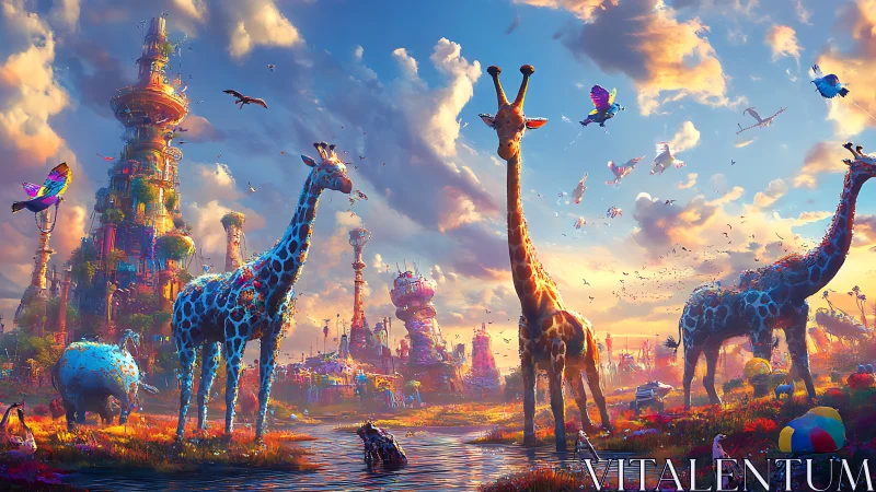 Giraffes wander a neon dreamscape beneath shimmering towers
