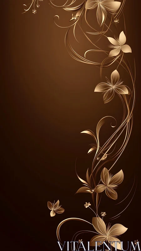 Golden Floral Vines Bloom Against Rich Brown Background.