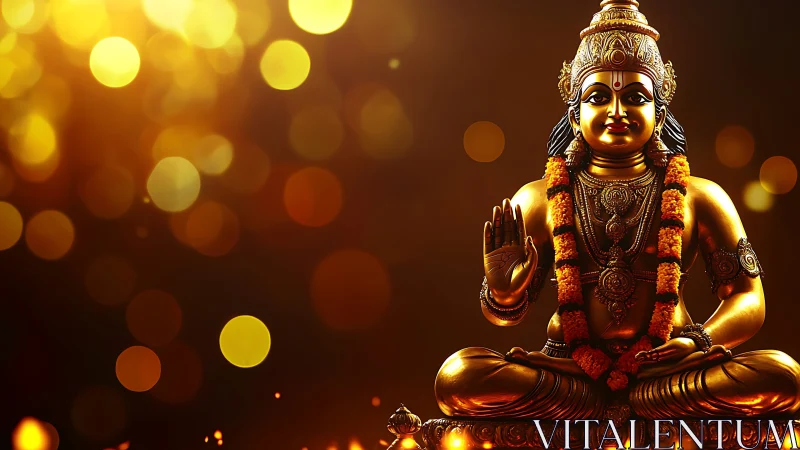 Golden Hindu deity statue with garland on glowing backdrop.