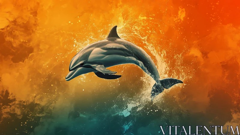 Sunlit dolphin arc over fiery teal abstract seascape.
