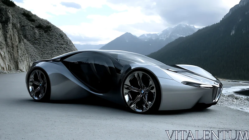 Futuristic silver concept car integrates fluid aerodynamics on alpine road