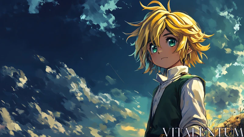 Golden-haired anime boy gazes into a stormy painted sky.