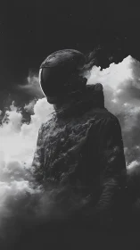 Solitary astronaut figure emerging from dark swirling clouds.