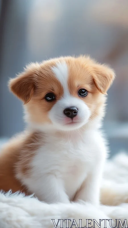 Fluffy brown and white puppy portrait on soft blanket.